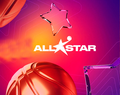 Изображение с ярким фоном в фиолетово-оранжевых тонах. На переднем плане слово ALL STAR с белой звездой. Рядом абстрактные формы и элементы, включая баскетбольный мяч и прозрачные звёзды